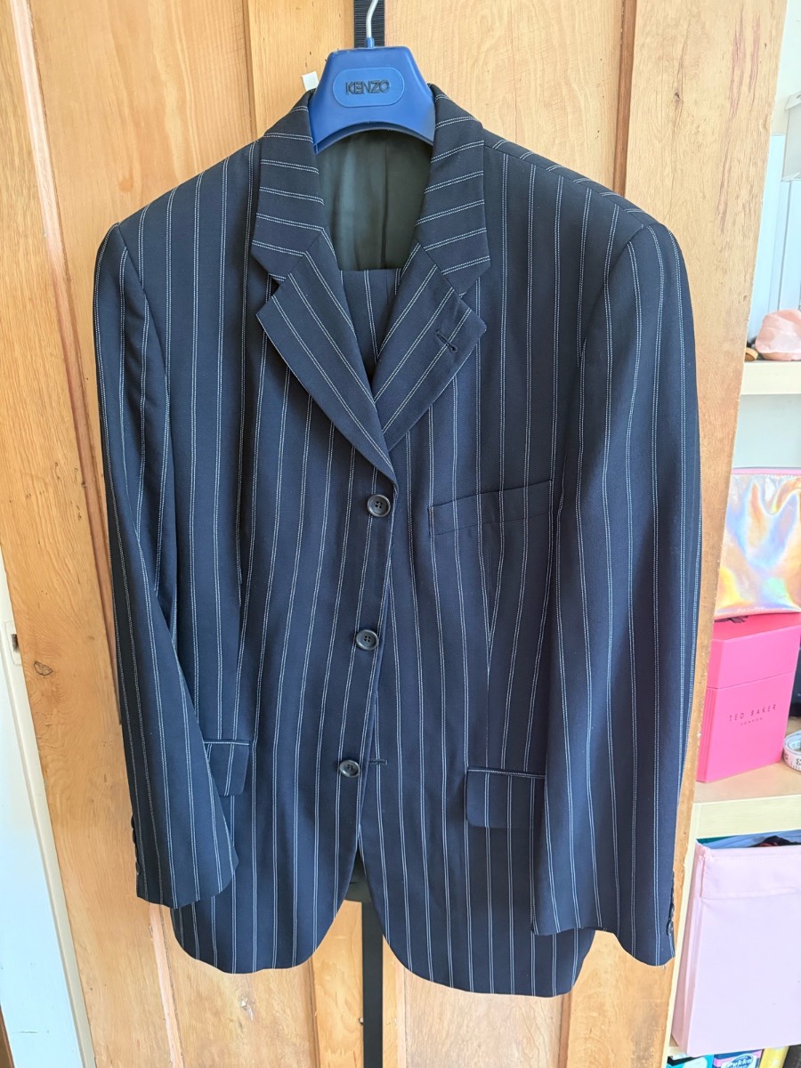 Men’s Kenzo Homme Navy Blue Pin Stripe 2 Piece Suit Jacket 52 Trousers 44