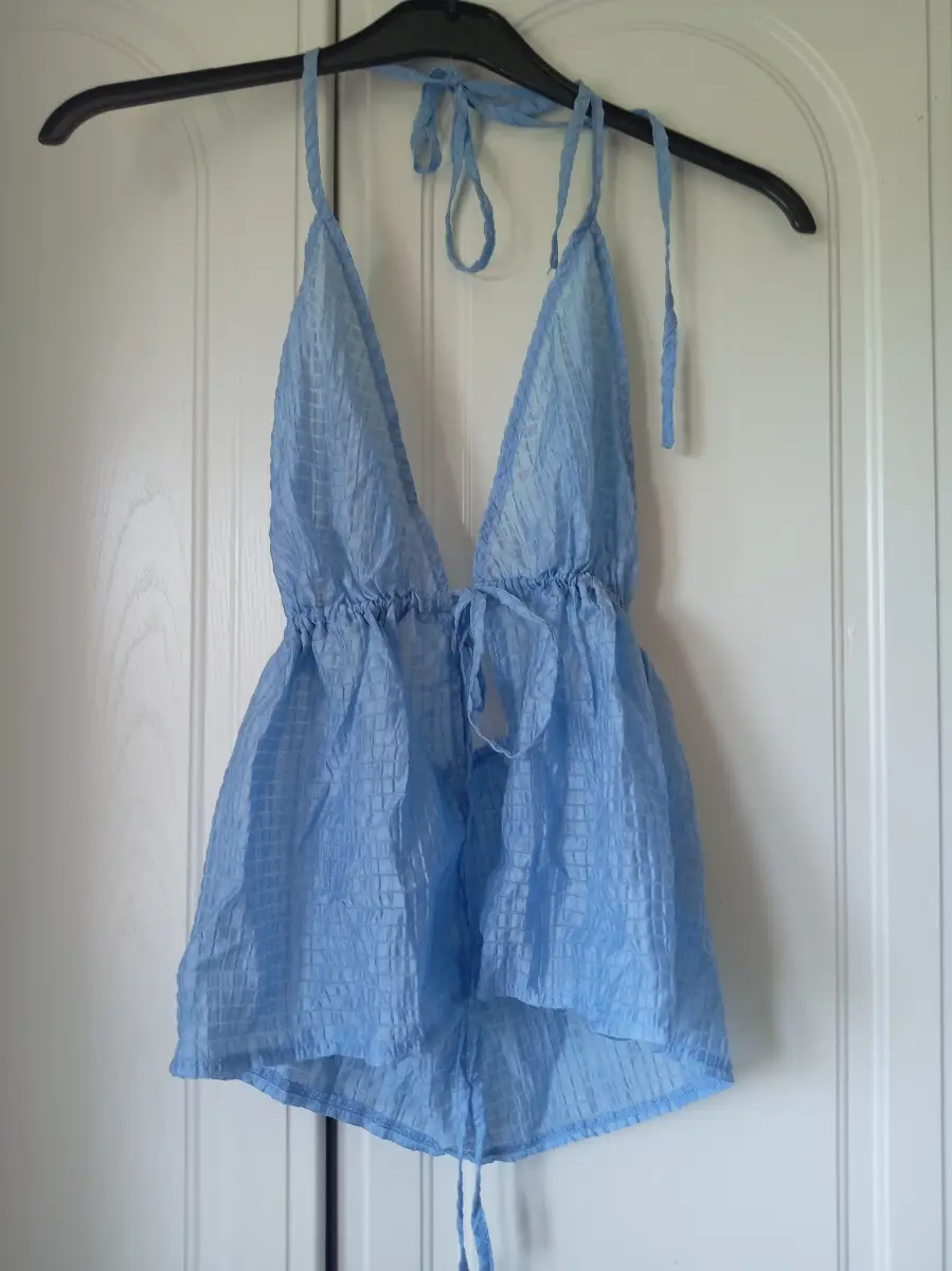 light blue halterneck top
