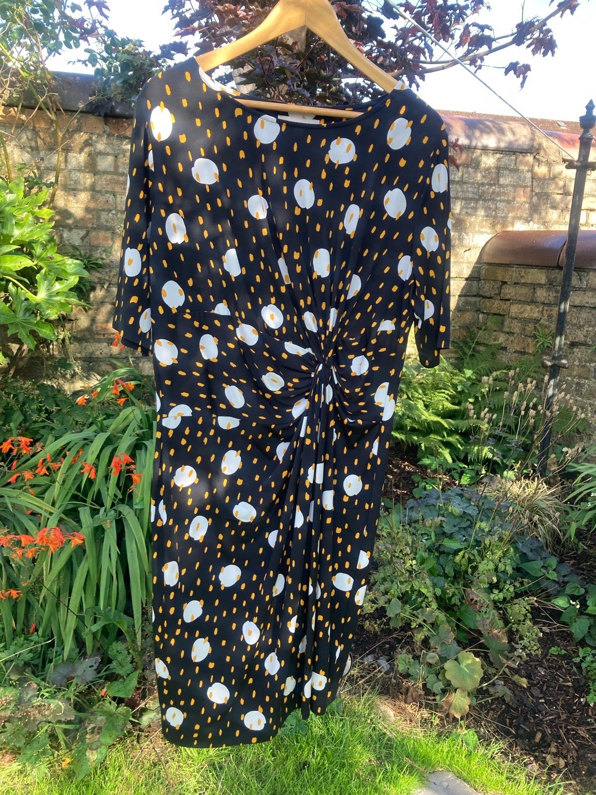 Anthology twist knot front midi dress UK 18 black yellow white pattern