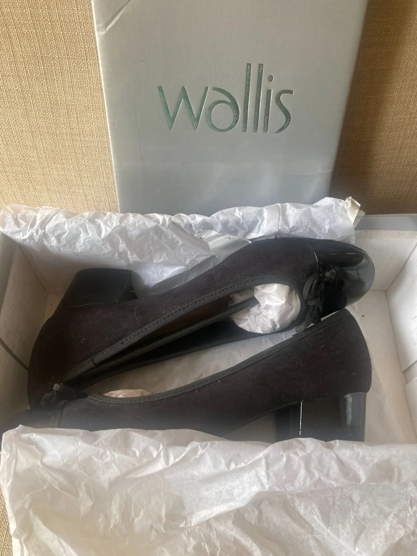 Wallis 2 inch block heel black patent toe shoes UK6 EU39