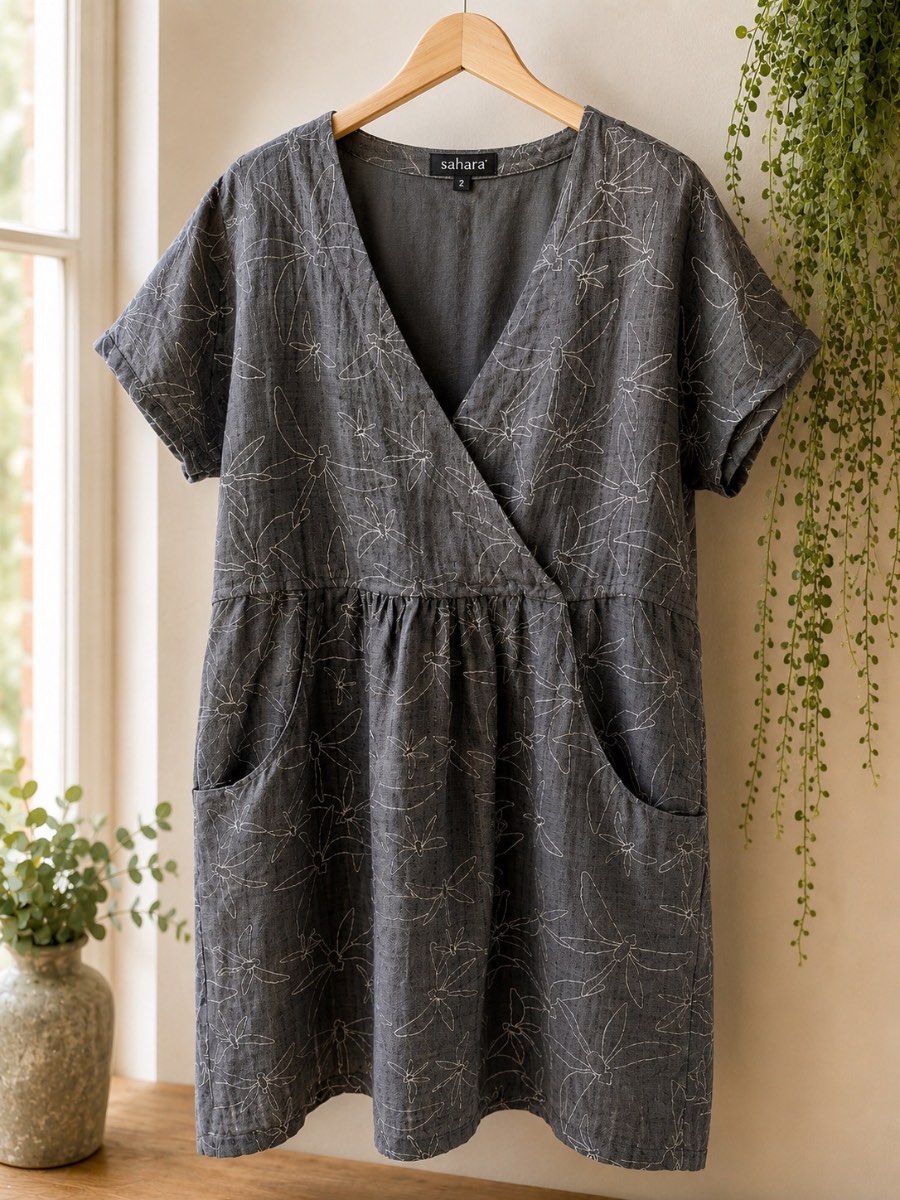 Sahara 100% Linen Dragonfly Print Tunic Top Size 2 Grey Pockets