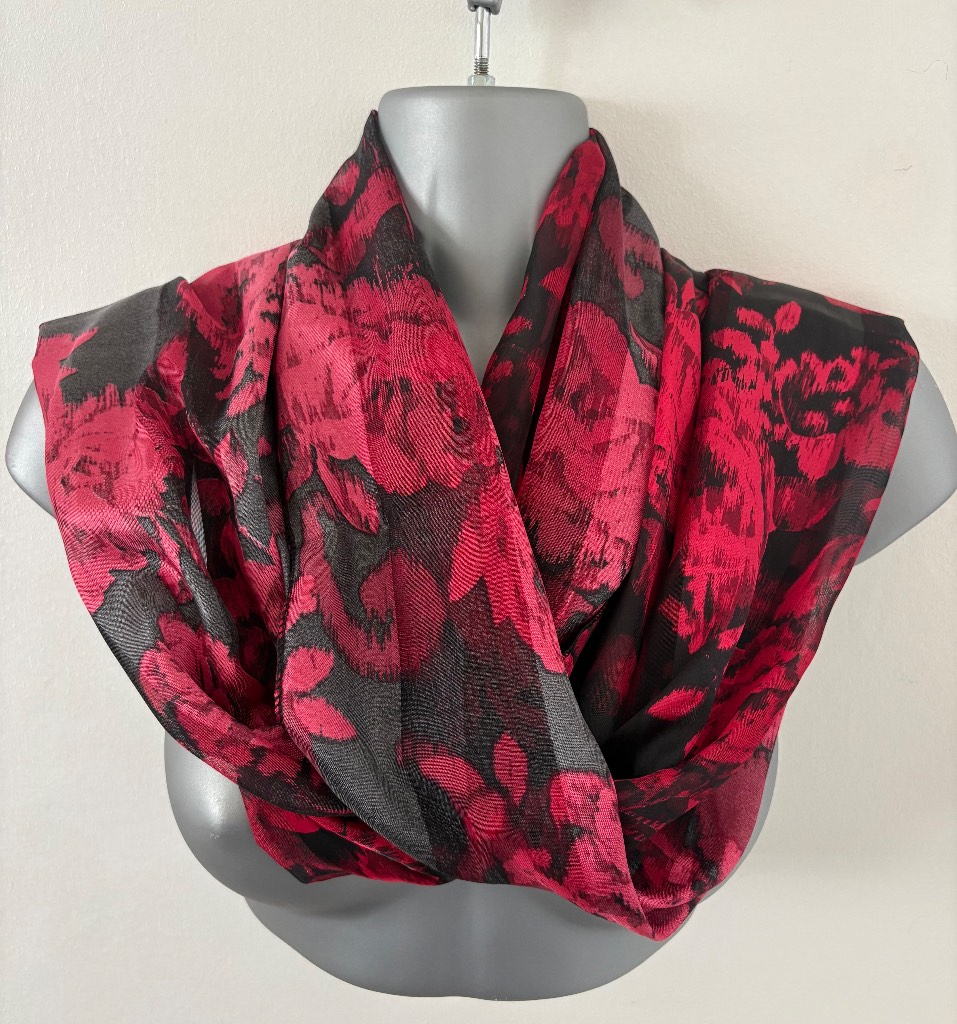 Bonmarché Ladies Floral Chiffon Scarf Black Pink Rose Print One Size