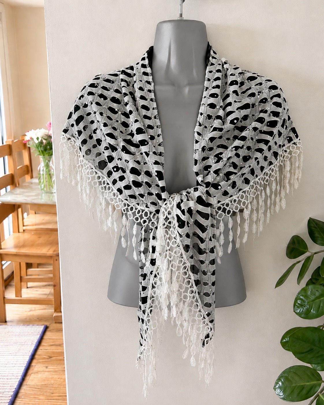 Black & White Sequin Lace Triangle Scarf Shawl – Fringed – Versatile Styling