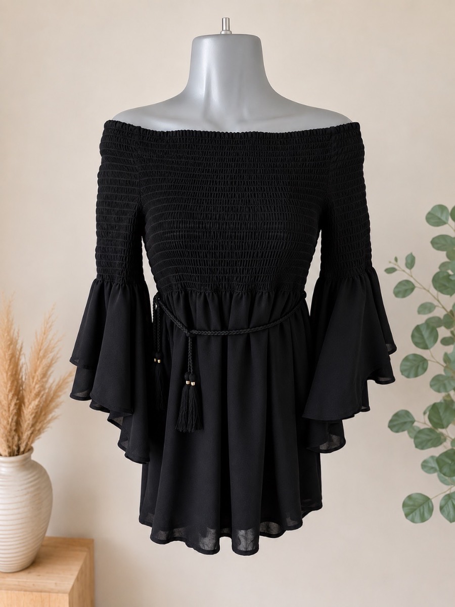 River Island Black Bardot Shirred Tunic Top UK 12