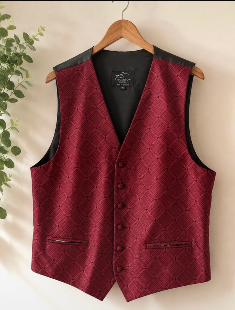 Piscador Burgundy Satin Patterned Waistcoat 3XL Made in England Smart Formal Wedding