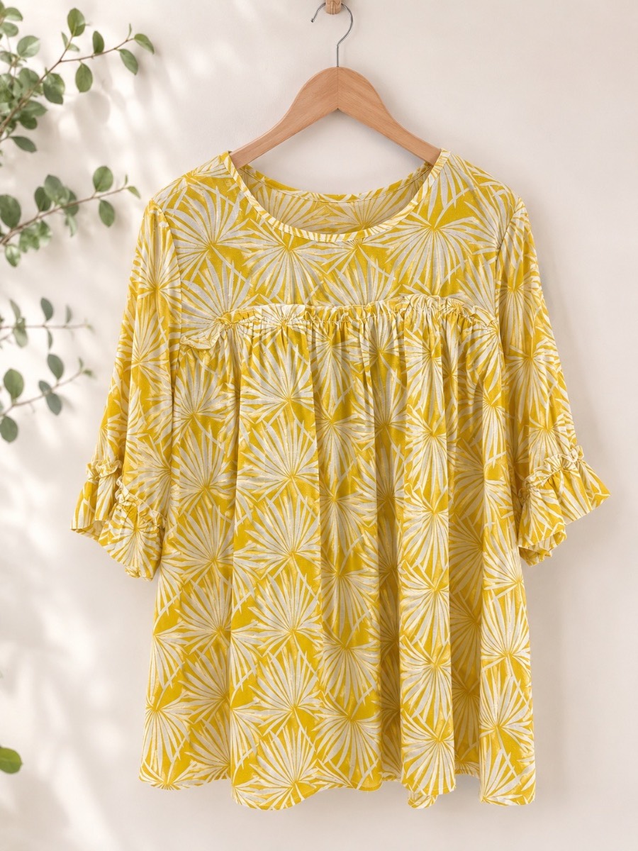 M&S Collection Buttercup Yellow Leaf Print Blouse Top UK 16 100% Viscose Relaxed Fit