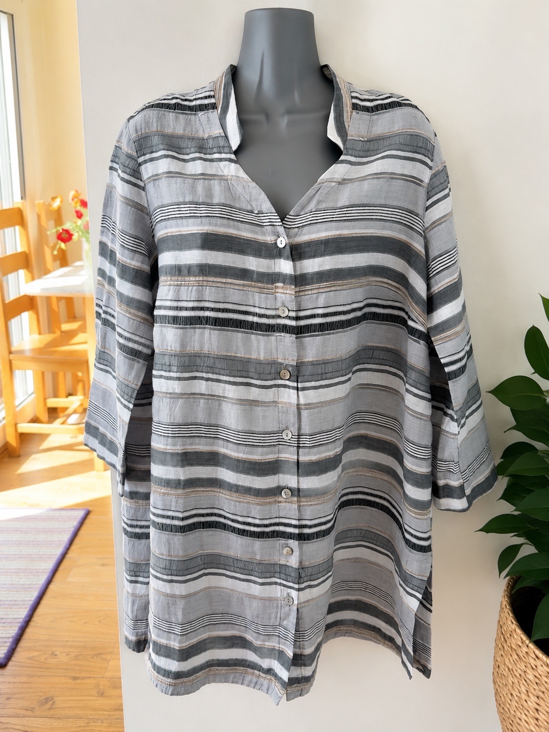 Sahara Grey Linen Blend Longline Shirt M 14/16 Metallic Stripe Oversized