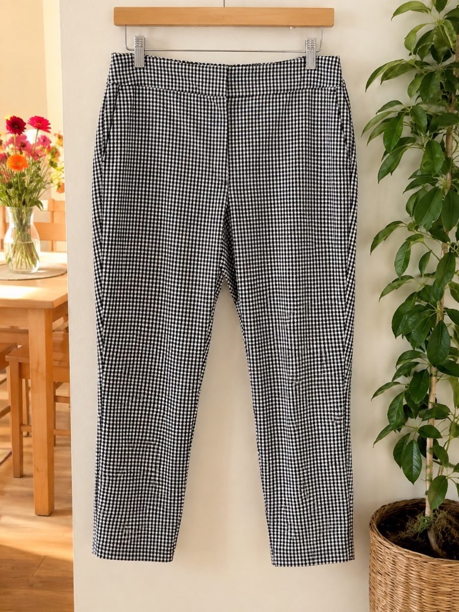 Ann Taylor Petite Black White Gingham Capri Trousers UK 12P Cropped Smart Cotton Blend