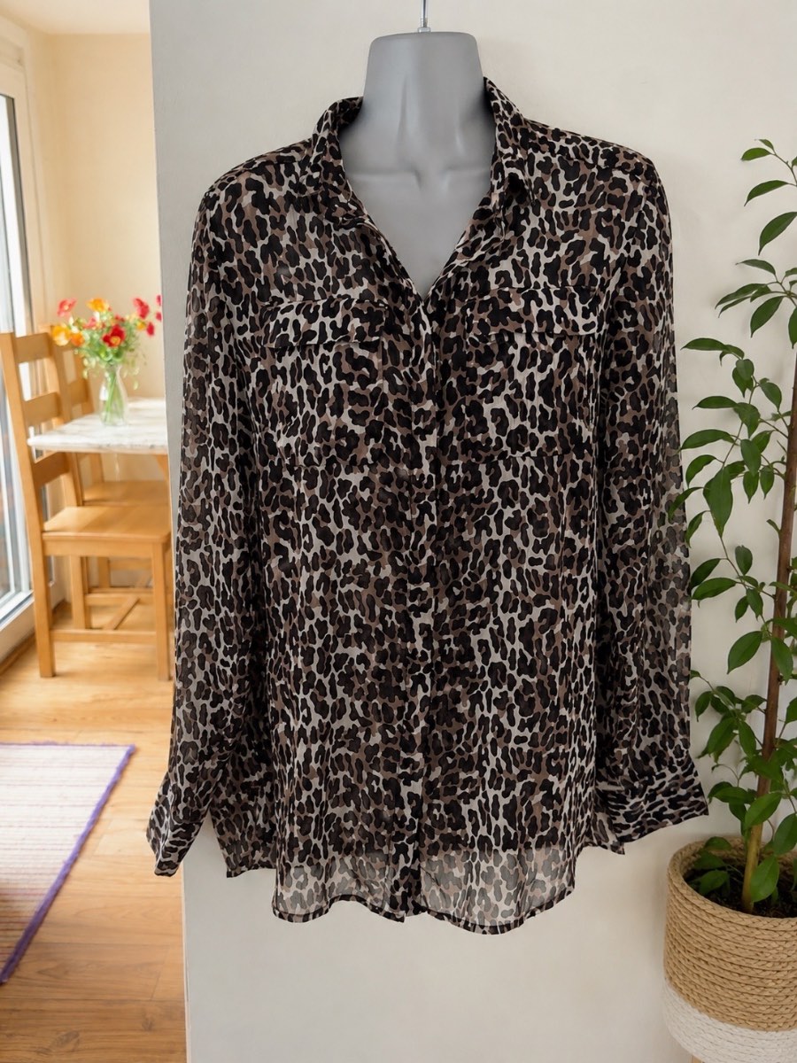 French Connection Leopard Print Sheer Blouse UK 16 Floaty Crinkle Chiffon Concealed Button