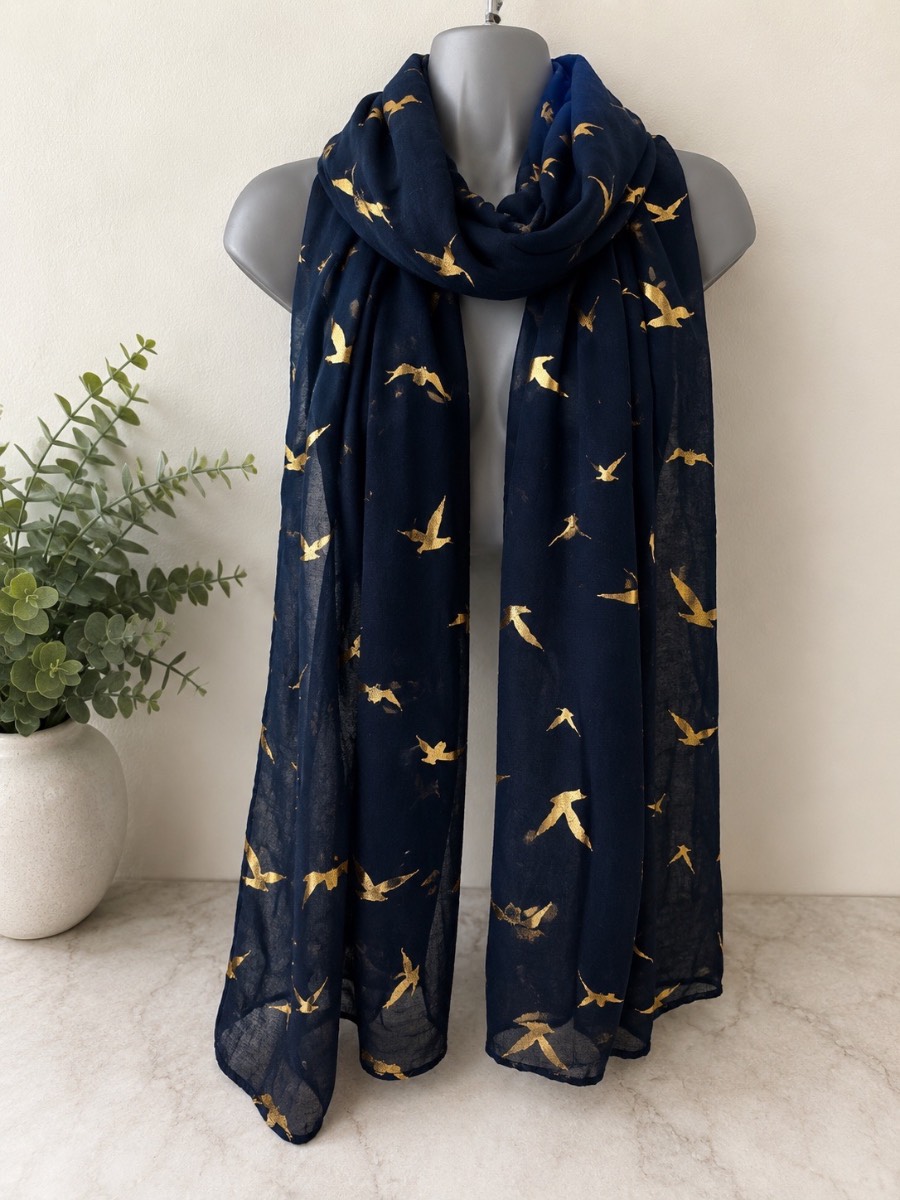 Navy Gold Bird Print Lightweight Scarf / Wrap - VGC