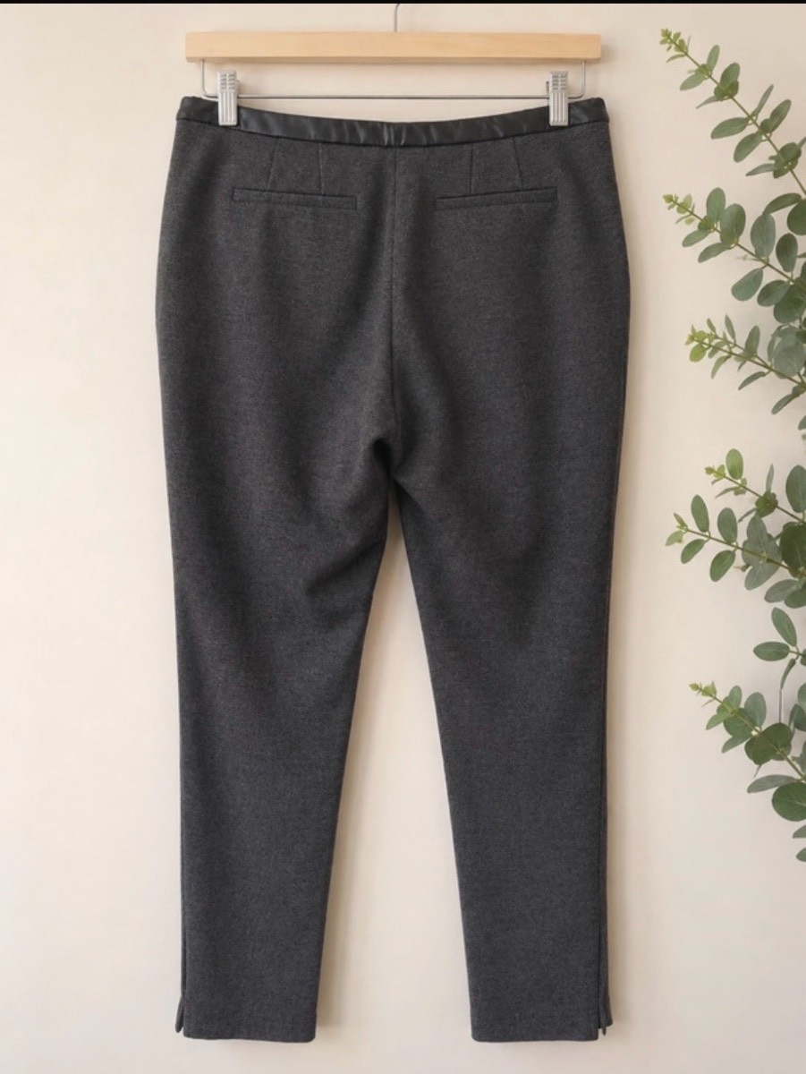M&S Autograph Grey Marl Slim Trousers UK 10 | Faux Leather Trim | Ankle Zips