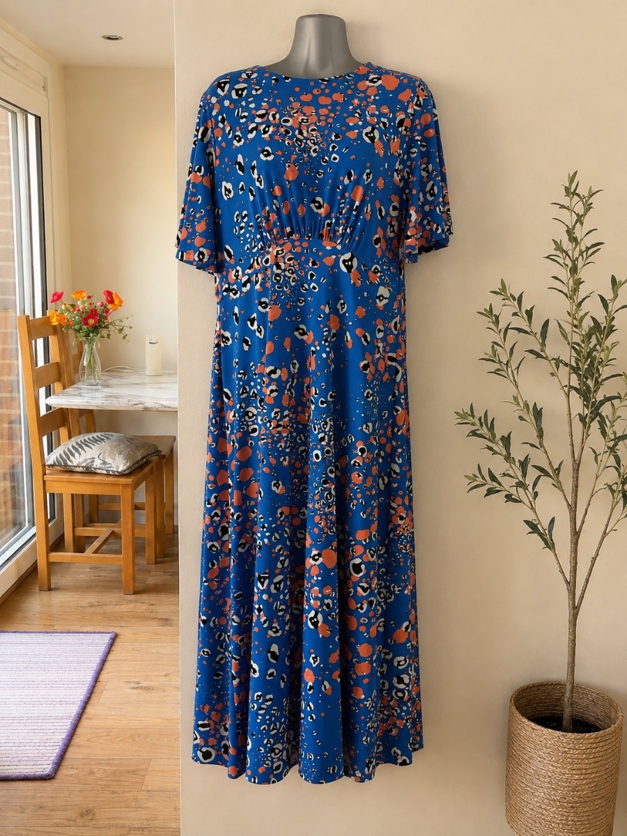 Et Vous Blue Abstract Print Maxi Dress UK 14 | Empire Waist | Floaty Stretch Jersey