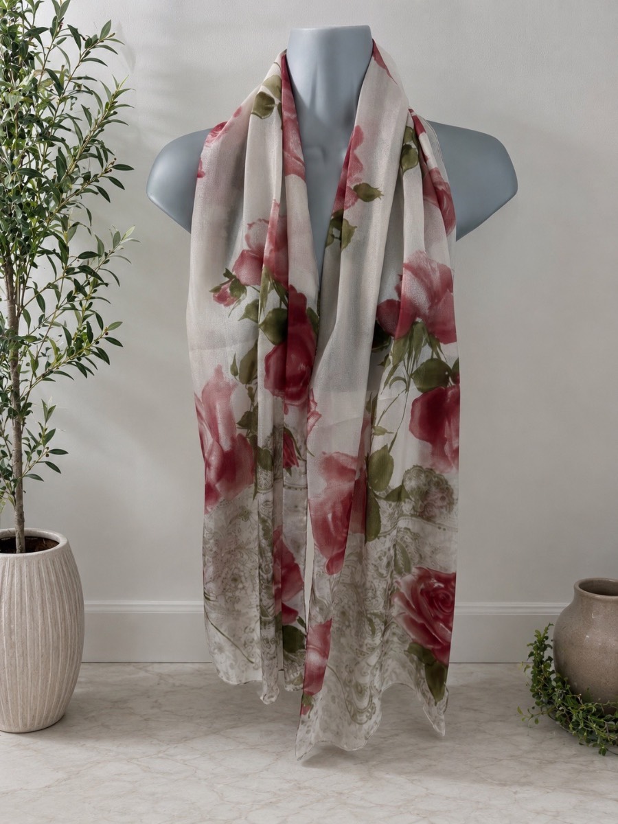 John Lewis Rose Floral Scarf | Pink Cream Lightweight Scarf /Wrap