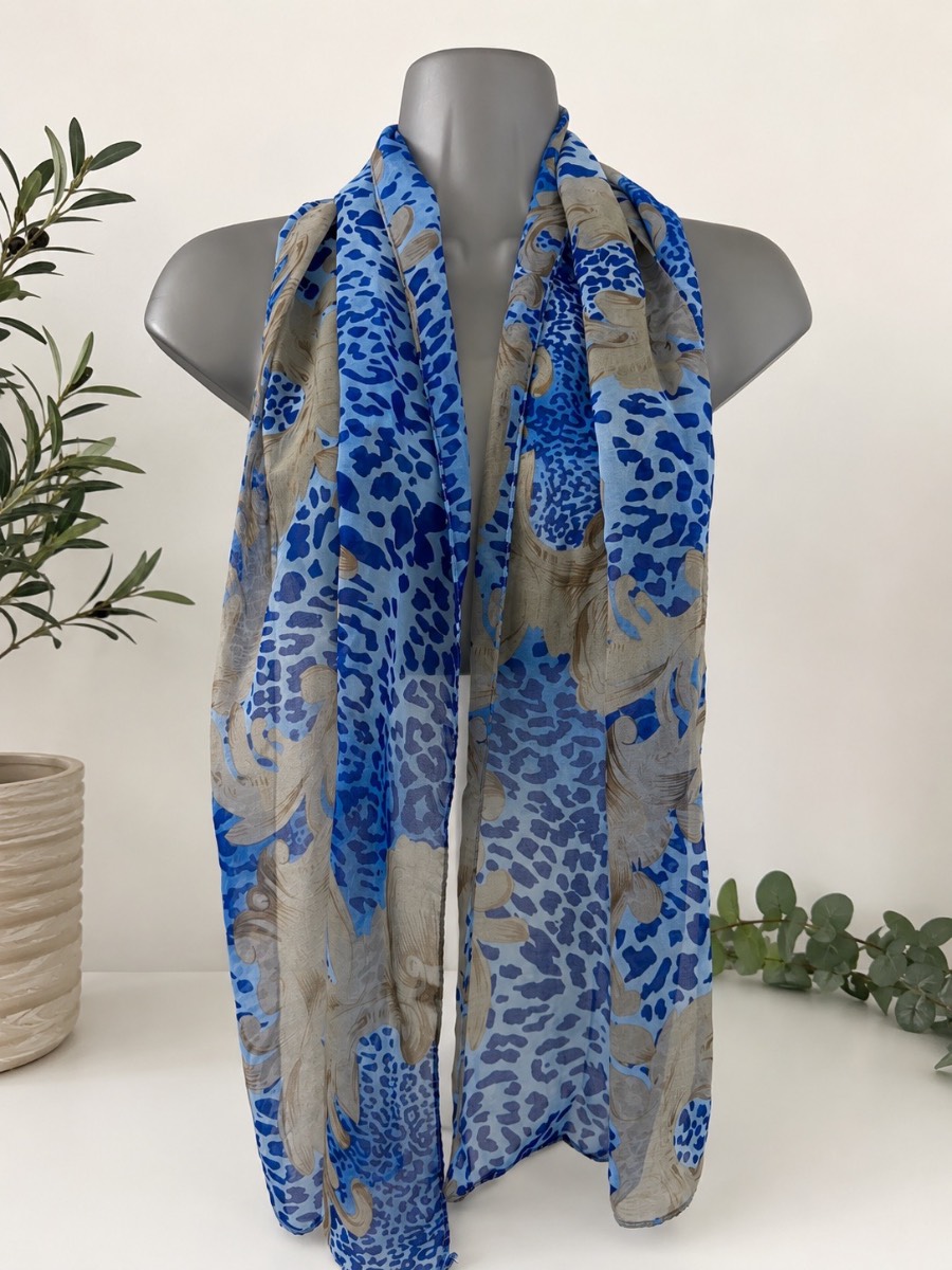 Blue & Taupe Lightweight Sheer Scarf | Animal Print Style | 12” x 57”