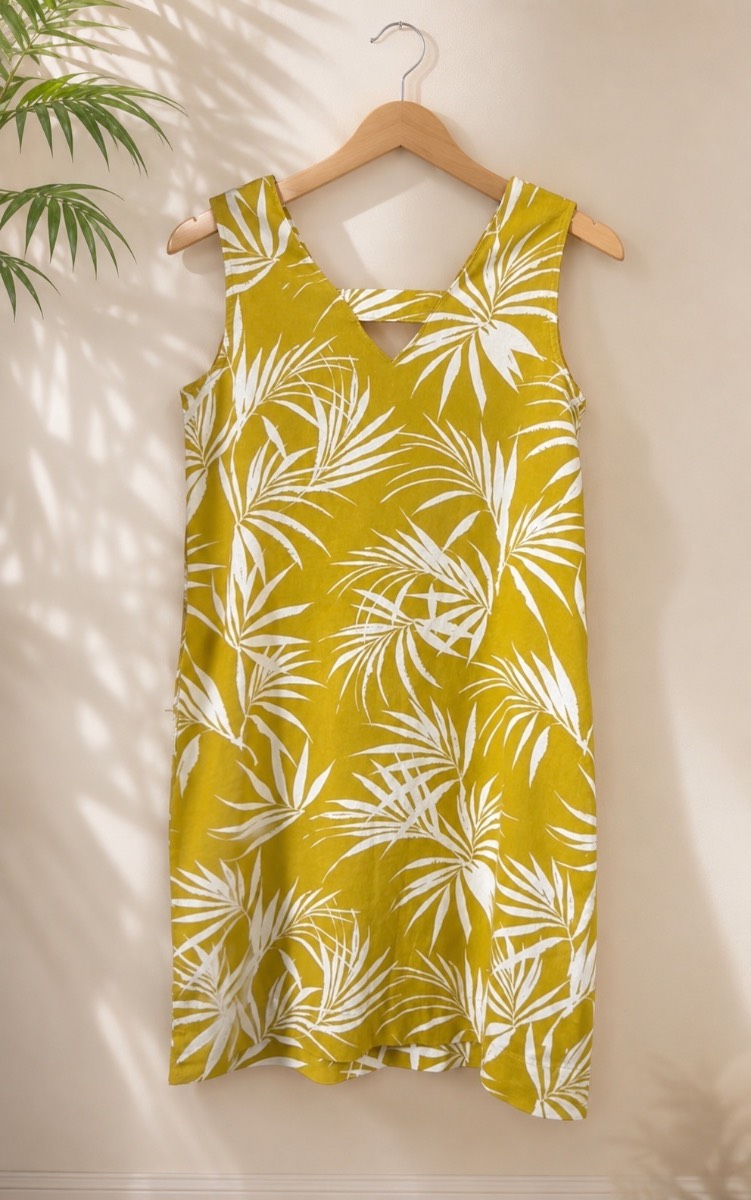 Bonmarché Mustard Yellow Linen Blend Tropical Leaf Print Shift Dress UK10 VGC