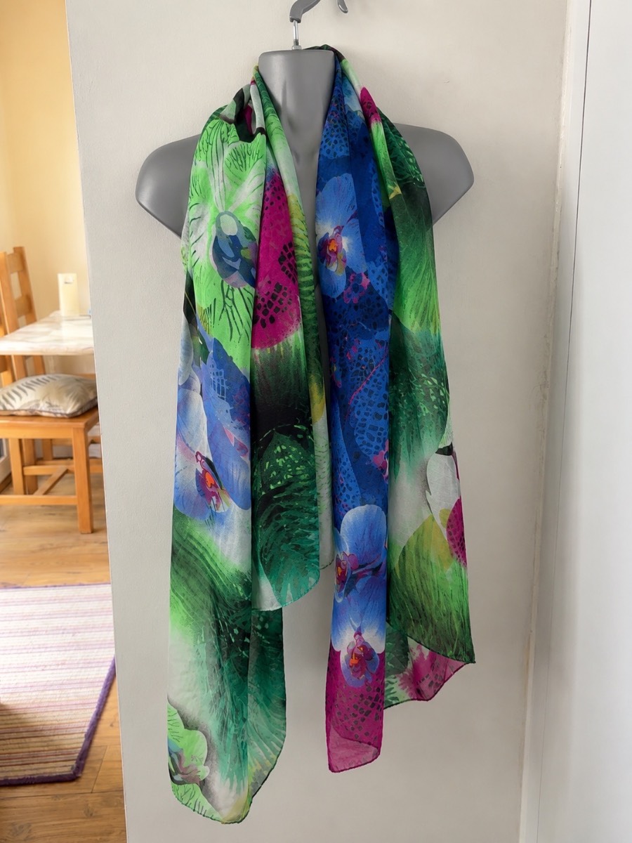 Tropical Floral Lightweight Scarf Green Blue Pink Large Wrap Shaw