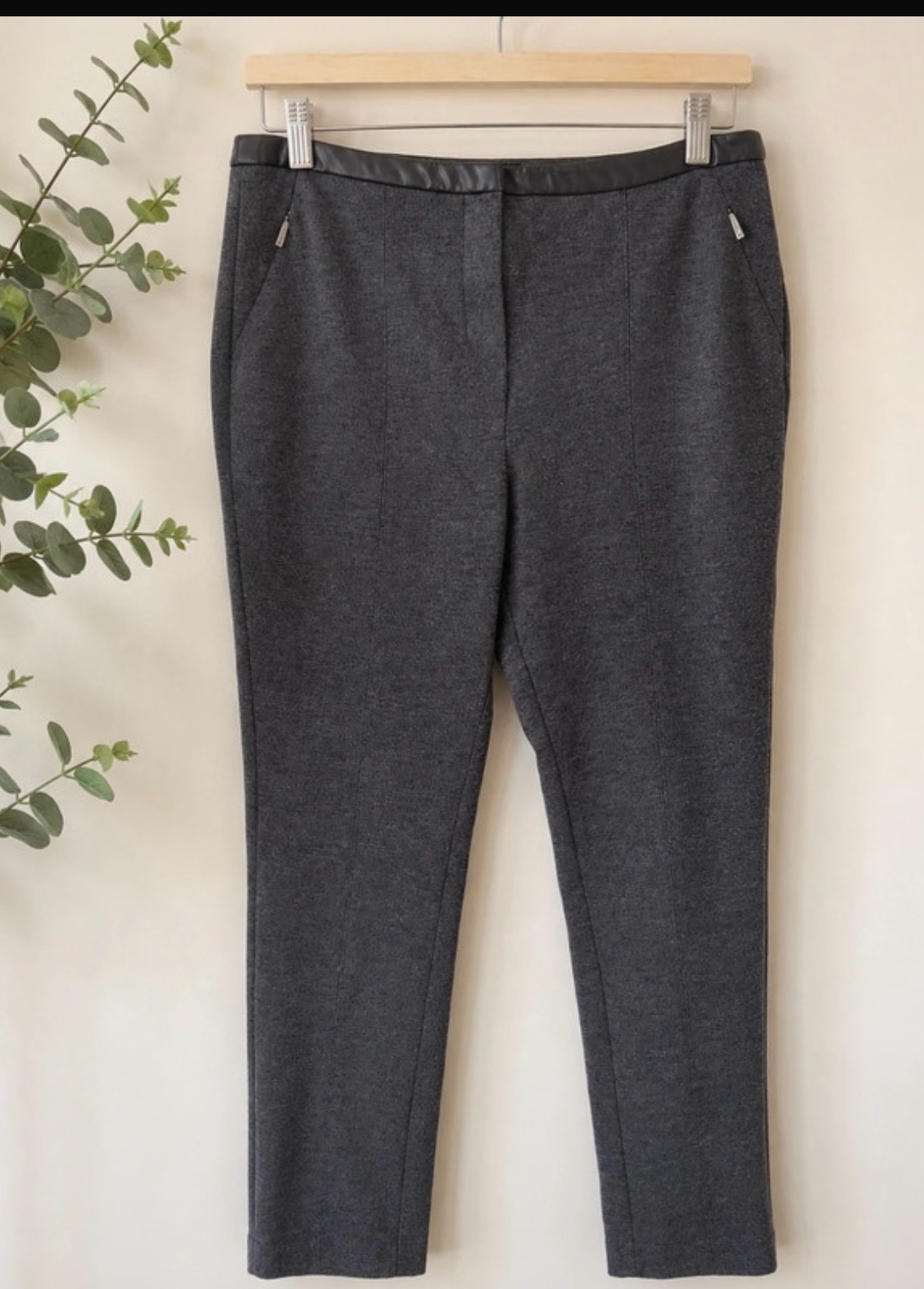 M&S Autograph Smart Work Trousers UK 10 Grey Marl Slim Ankle Grazer Zip Detail