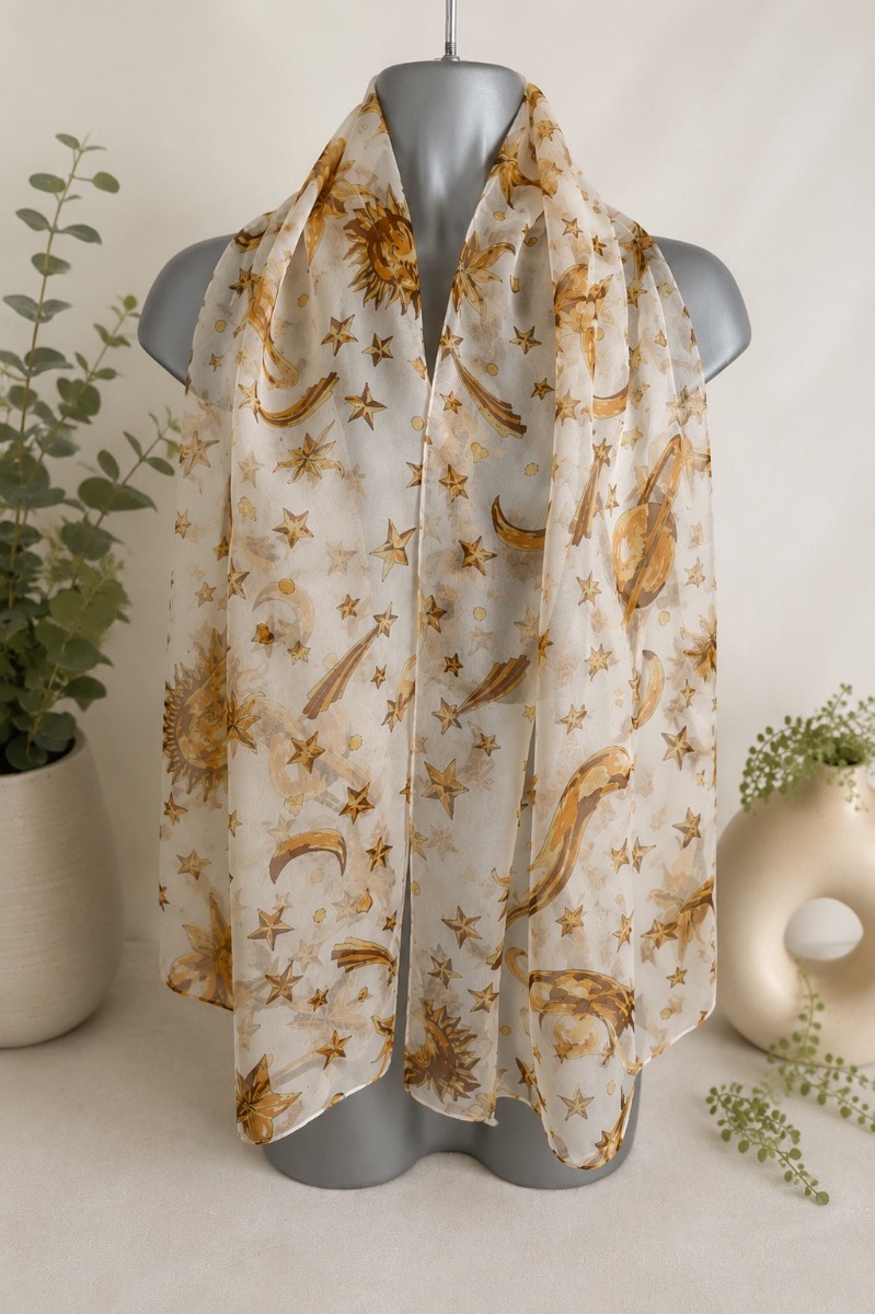 Cream Celestial Stars Moon & Sun Sheer Scarf | Gold Brown Lightweight Scarf