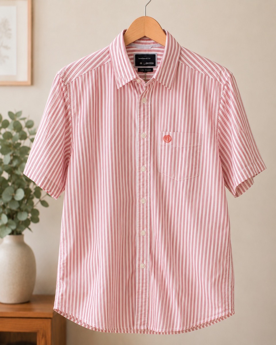 M&S Blue Harbour Coral & White Striped Cotton Shirt XL