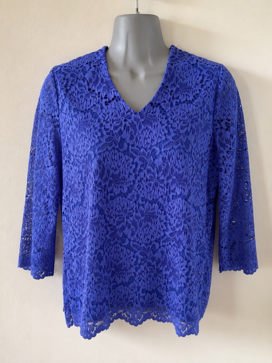 Eastex French Blue Stretch Lace Top UK 10 | Lined V Neck 3/4 Sleeve Occasion