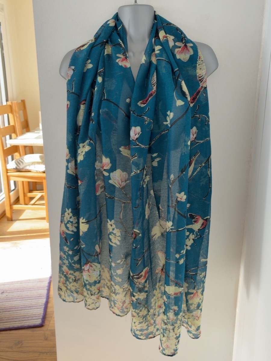 Teal Blue Bird & Blossom Floral Scarf Large Lightweight Wrap Gold Heart Charm