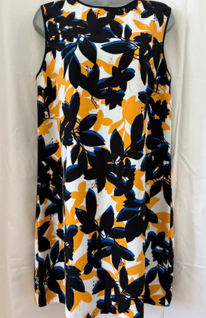 Warehouse Floral Shift Dress Size UK 12 White/Navy/Mustard
