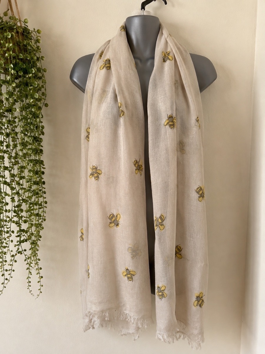 Cream Bumble Bee Print Lightweight Scarf Wrap Shawl Frayed Edge 73” x 27”