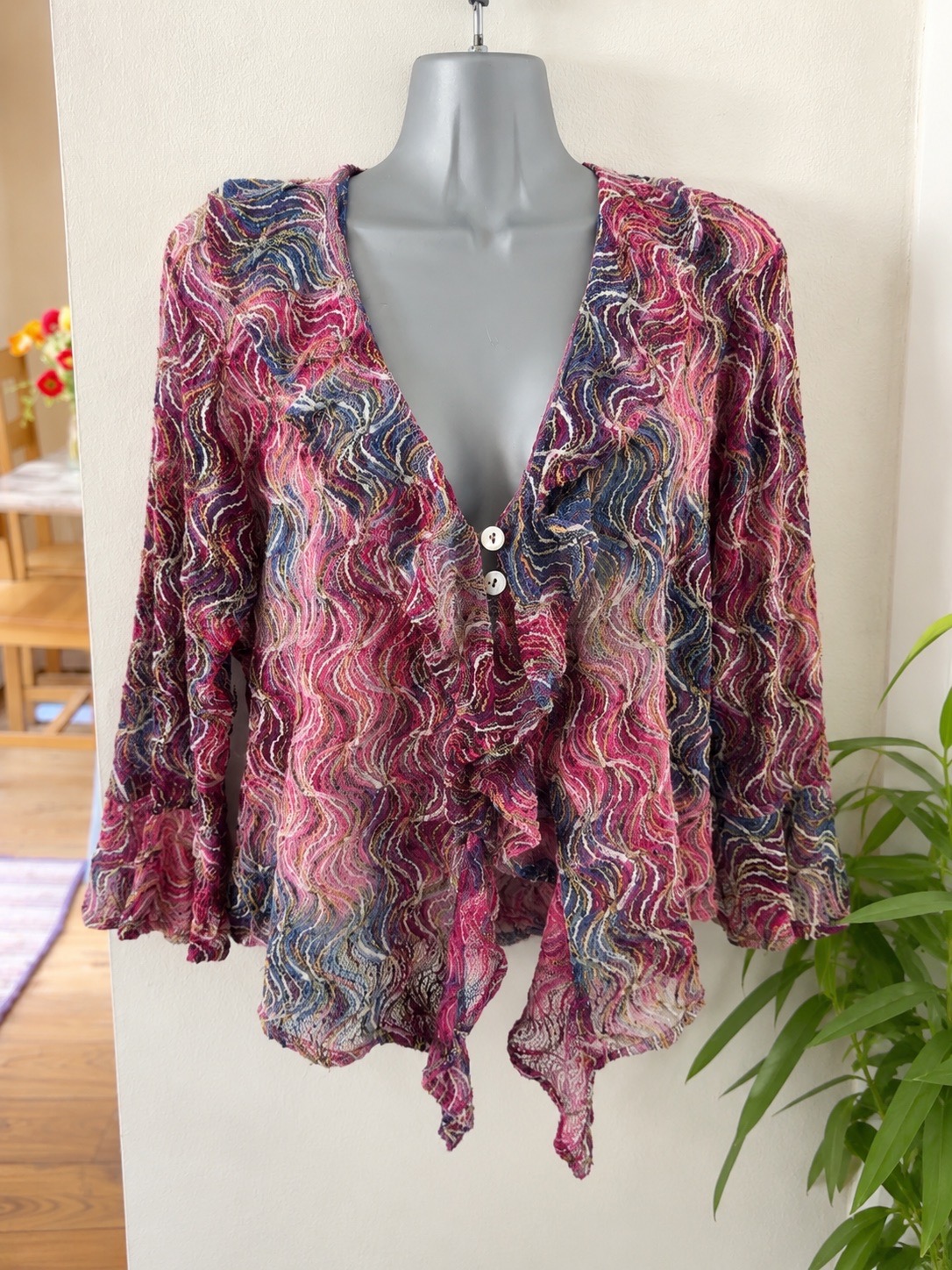 Sahara Multicolour Textured Open Knit Top M/L 16/18 Floaty Button Front