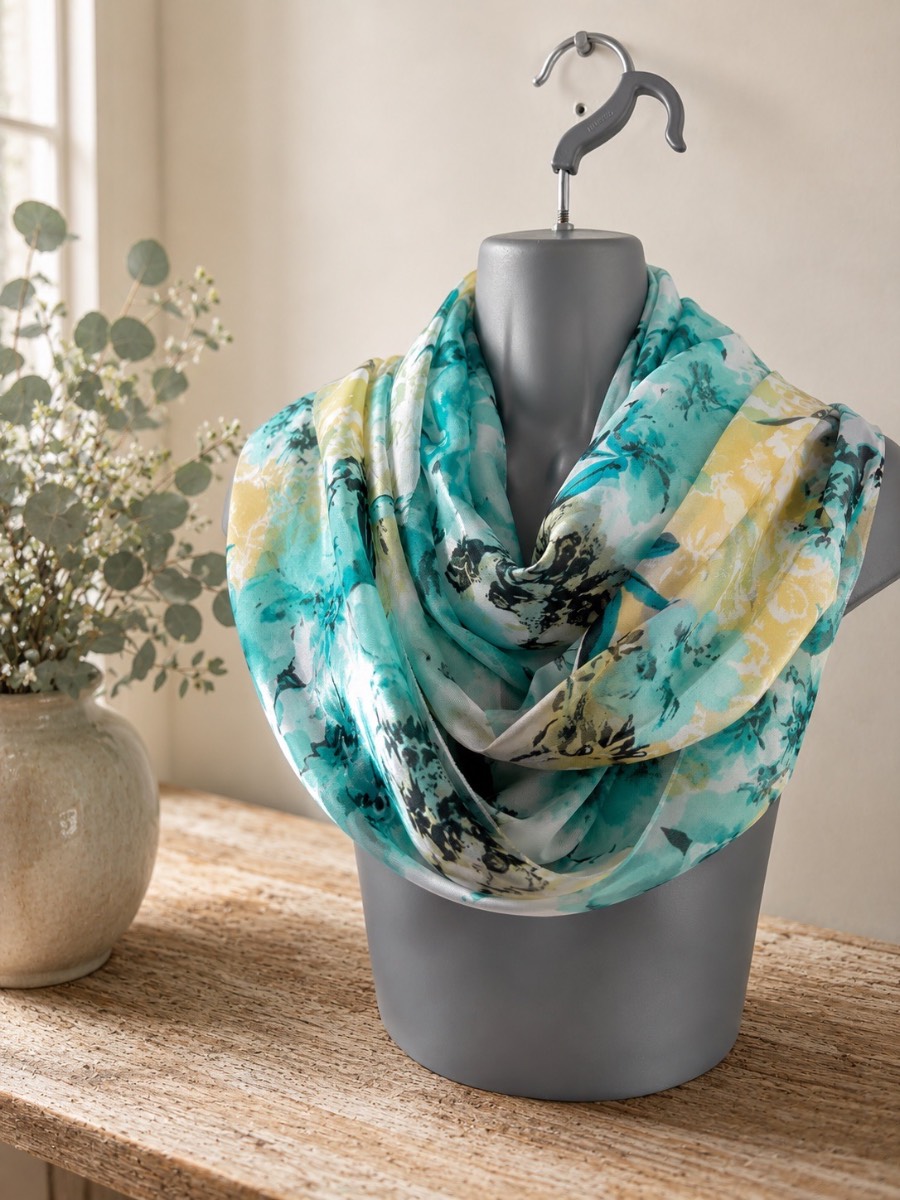 Teal & Yellow Floral Lightweight Scarf - 13” x 60”