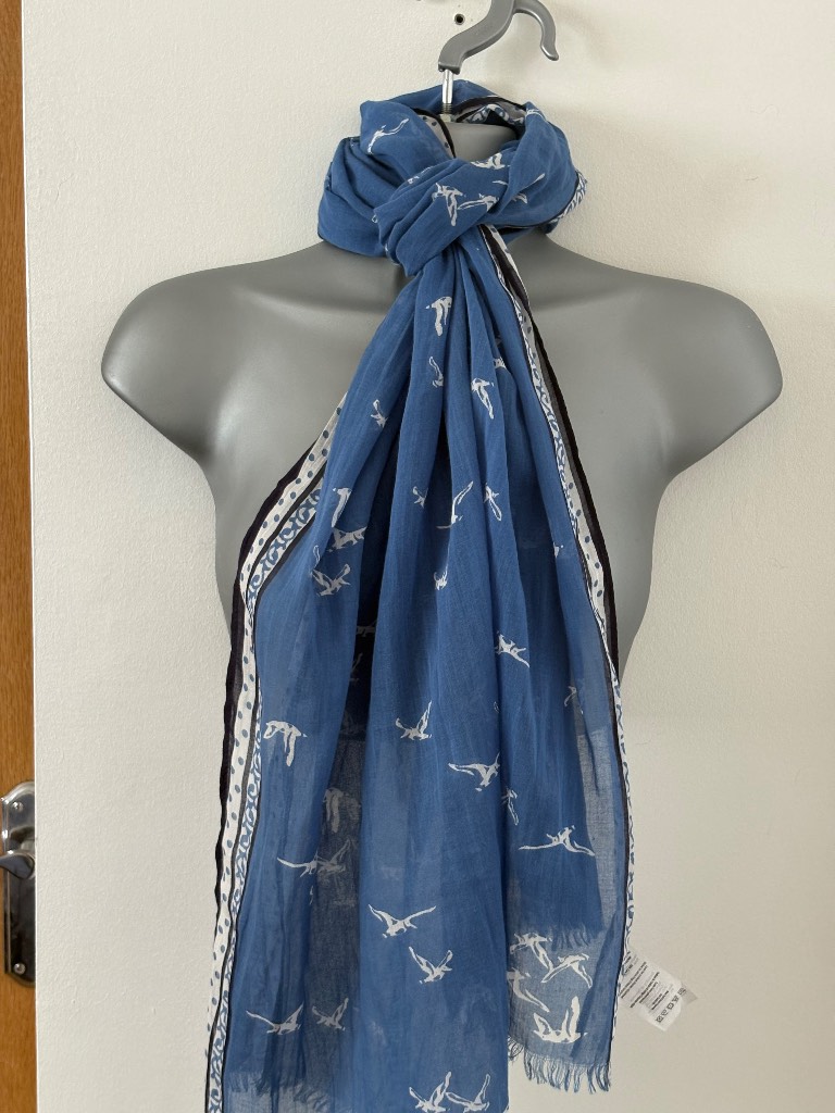 Joules Blue Bird Print Cotton Scarf Lightweight Long Summer Wrap