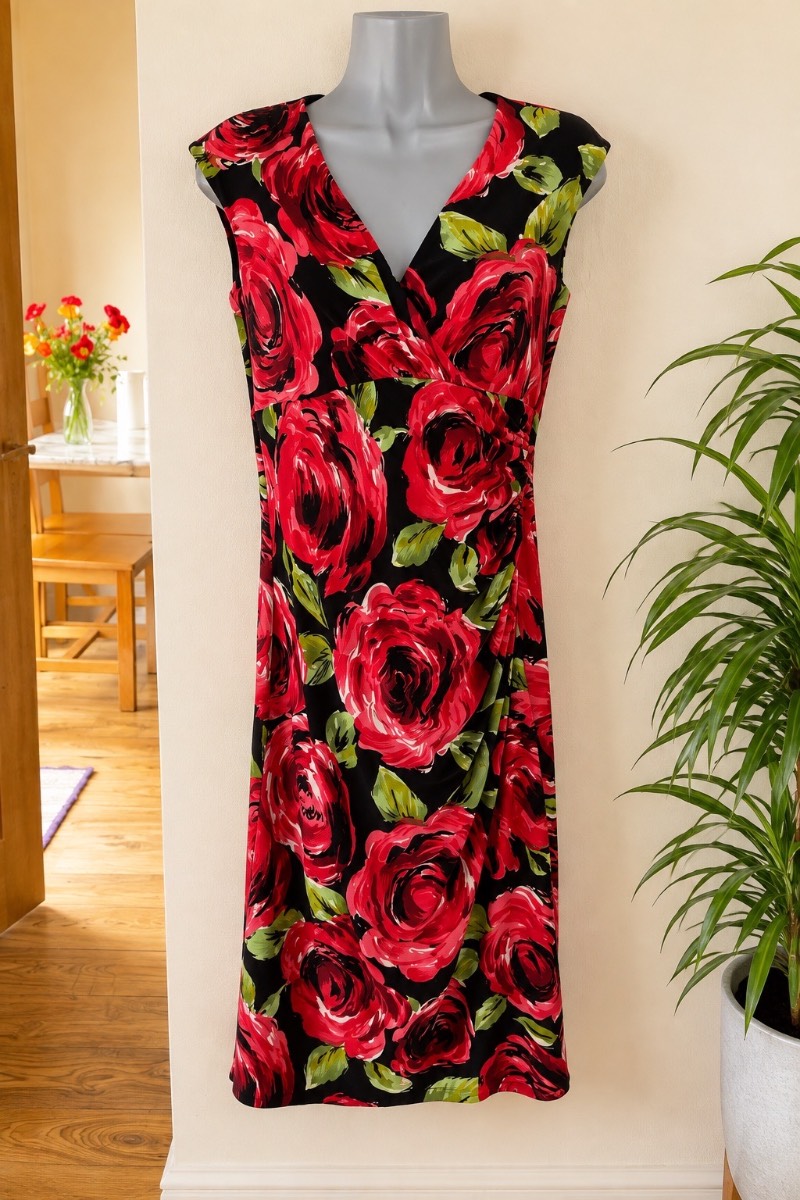 Phase Eight Black Red Floral Dress UK 10 | Rose Print Stretch Jersey | Lined Occasion