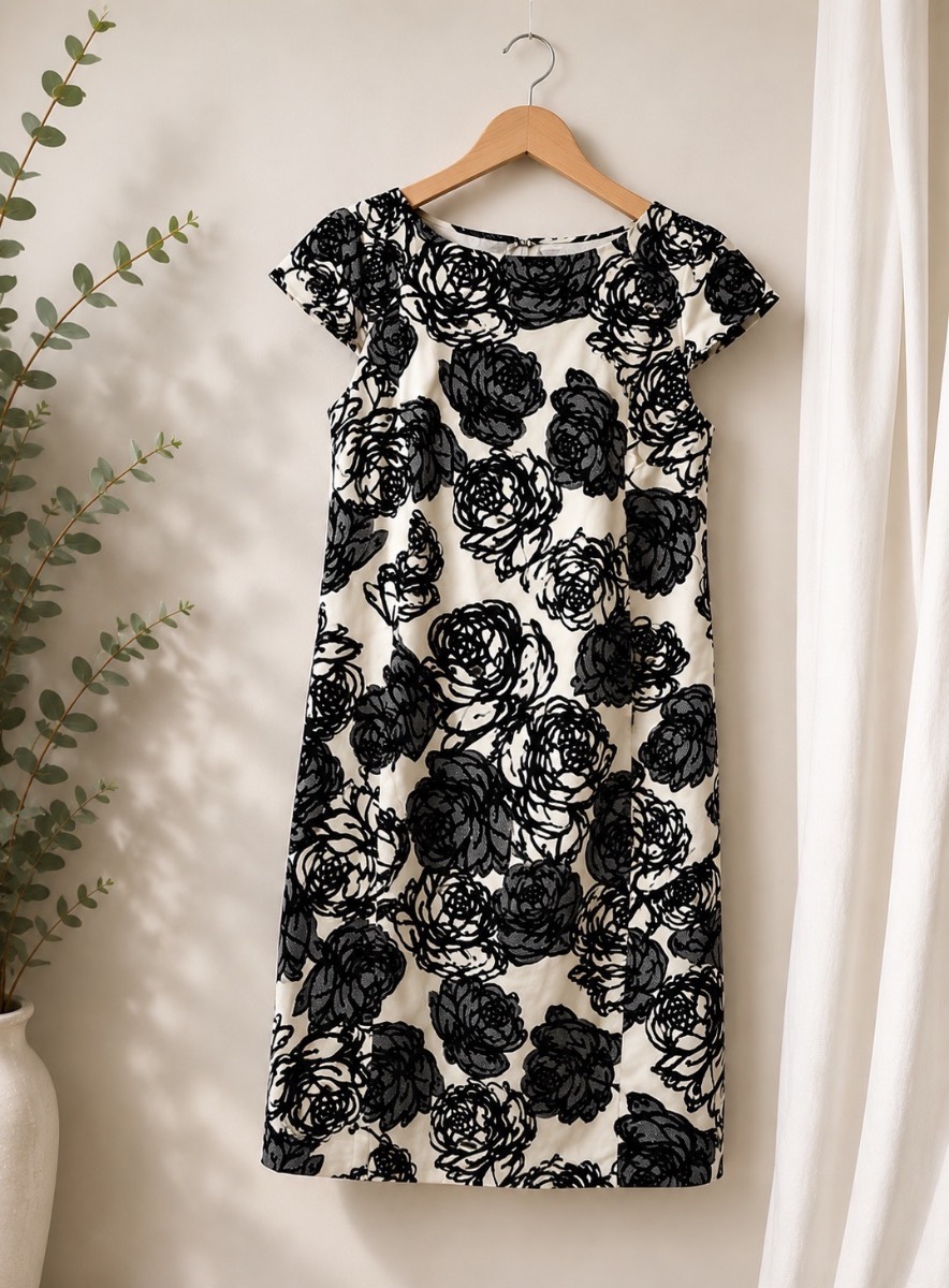 M&S Woman Black Cream Floral Fully Lined Shift Dress UK 12