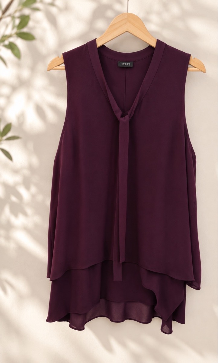 Elegant Aubergine Layered Sleeveless Blouse Top Size M – Crepe Feel – VGC