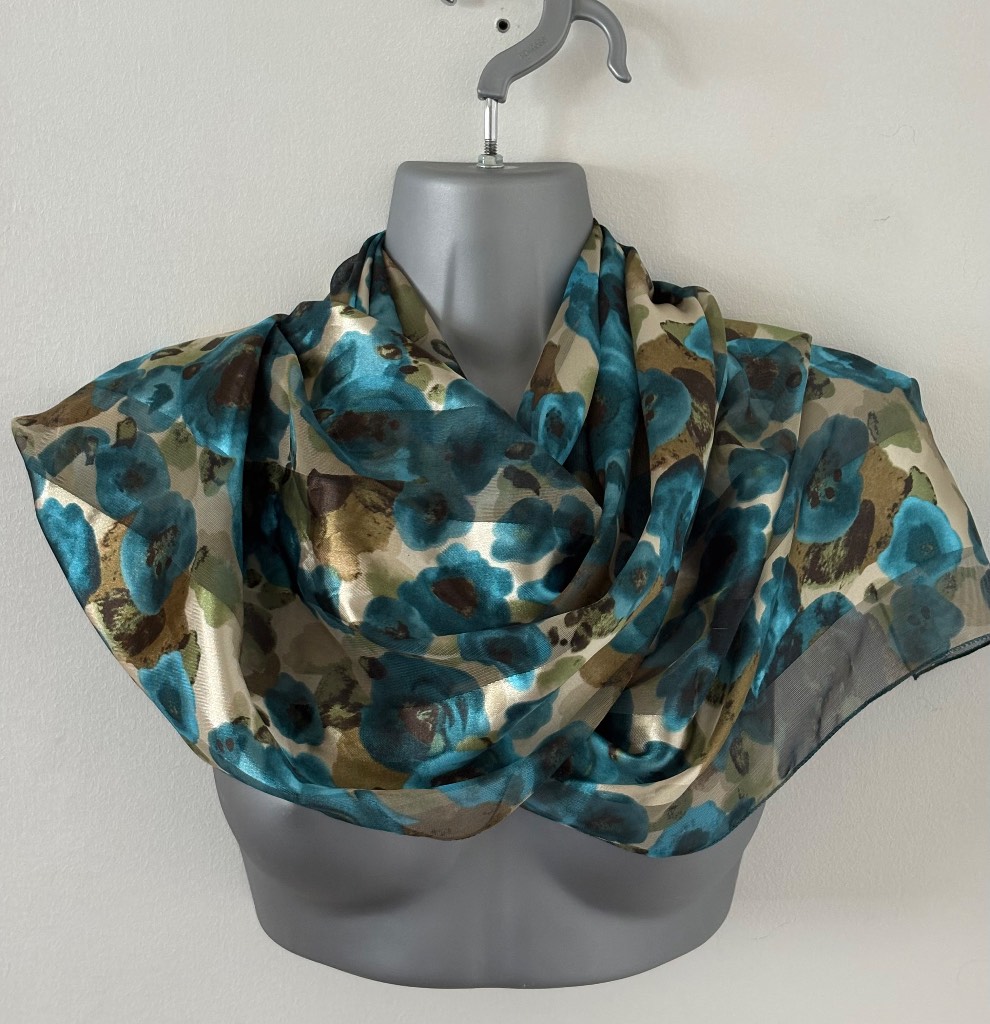Bonmarché Blue Floral Chiffon Scarf Teal Cream Brown VGC