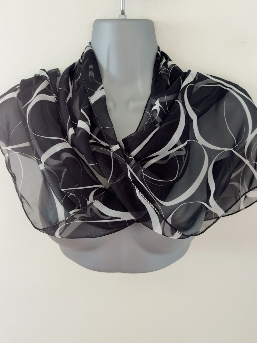 Black & White Abstract Print Scarf 13” x 60” Sheer Lightweight VGC