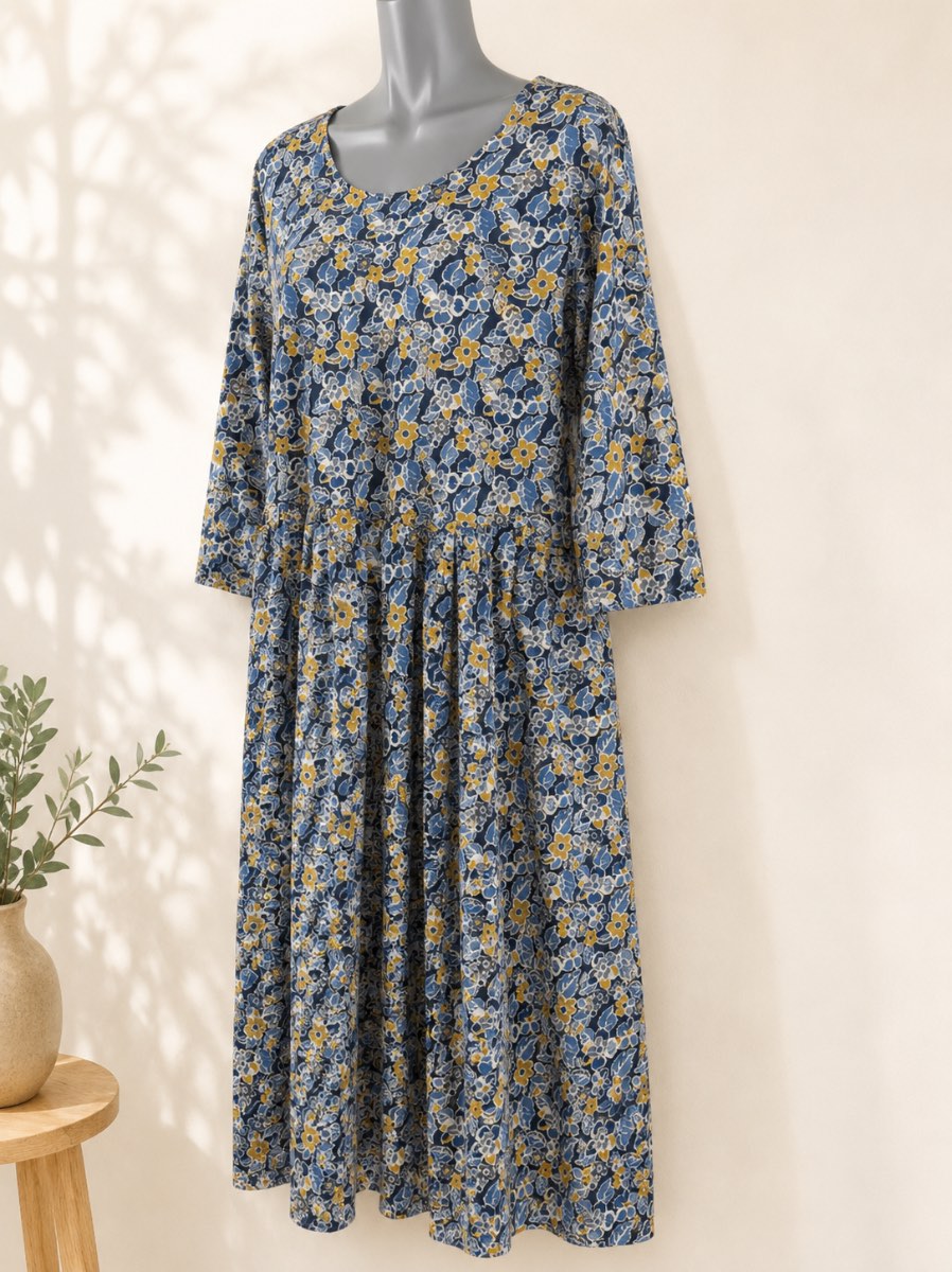 Seasalt Cornwall Mouls Dress II UK 18 Blue Floral Organic Cotton Stretch