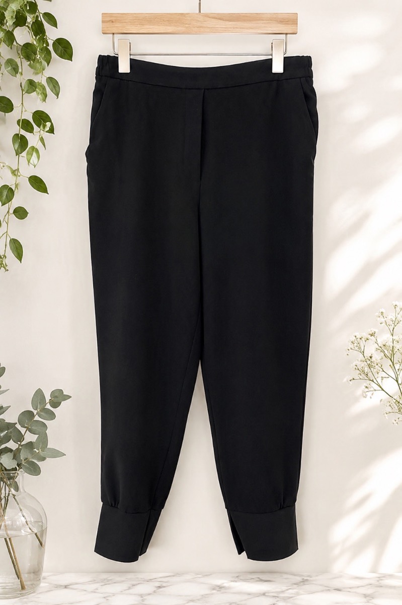 Zara Black Crepe Tapered Cuffed Trousers Elastic Back Waist XL UK 14-16