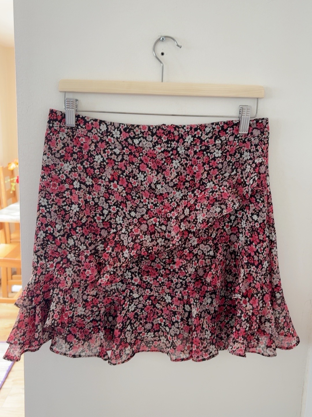River Island Size 12 Floral Ruffle Mini Skirt Black Pink Fully Lined - VGC