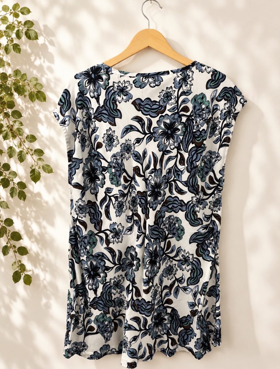 Masai Floral Tunic Top Medium Blue White 100% Viscose Relaxed Fit