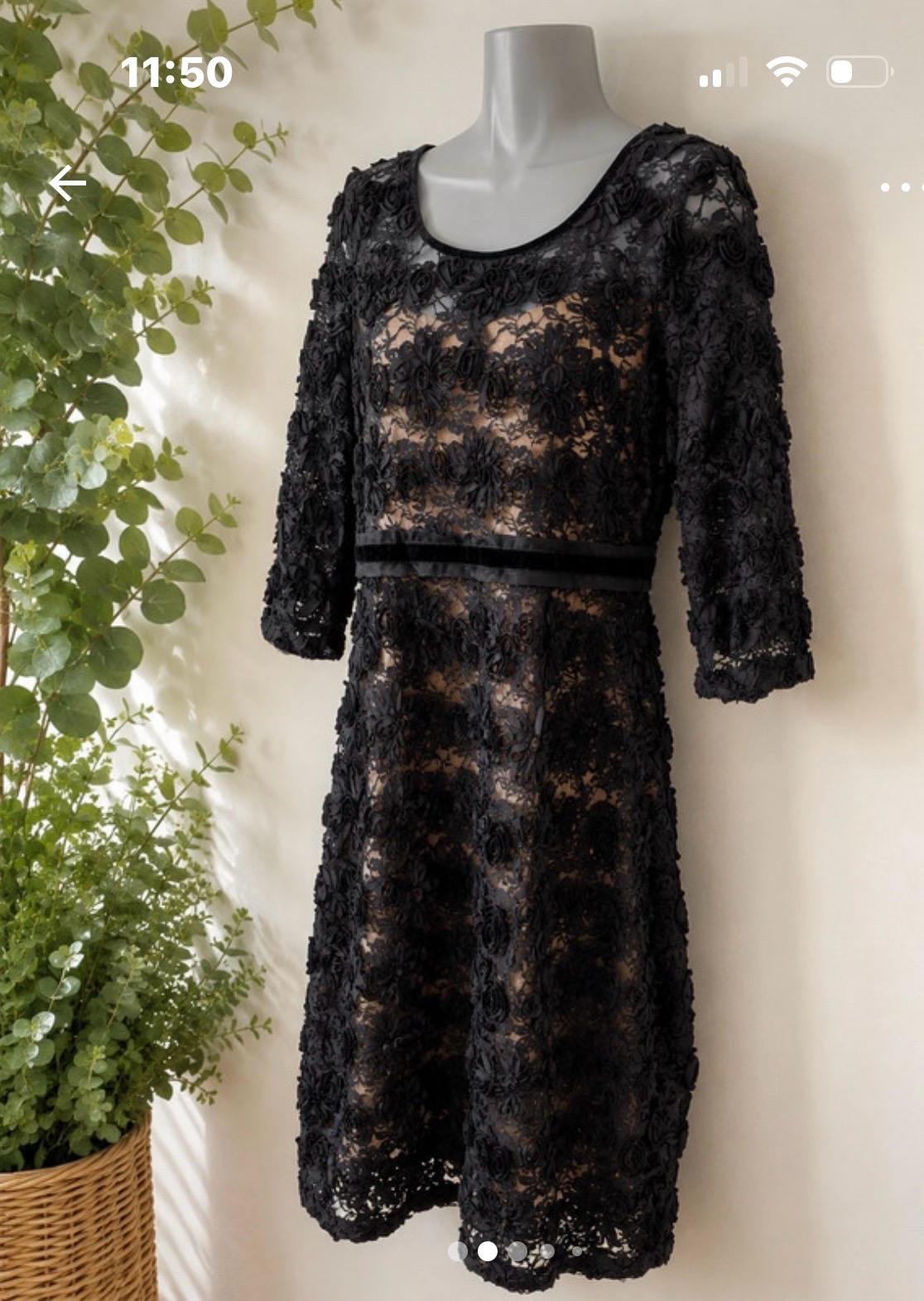 M&S Black Lace Rosette Dress UK 14 Nude Lined Wedding Occasion VGC