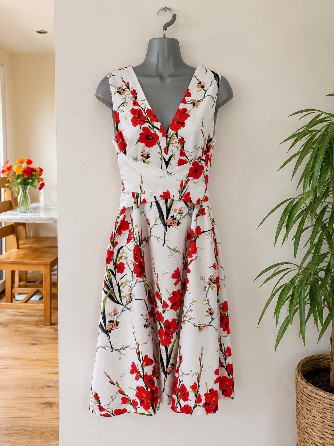 Phase Eight Sofia Floral Cotton Dress UK 12 Ivory Red Fit & Flare Belte