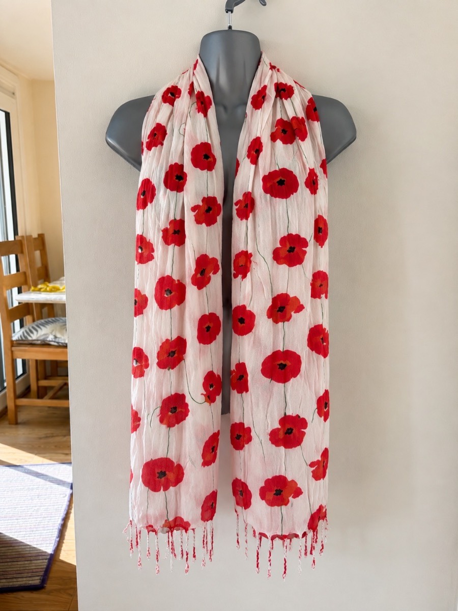 Red Poppy Print Lightweight Scarf White Floral Tassel Wrap Summer Shawl 68”