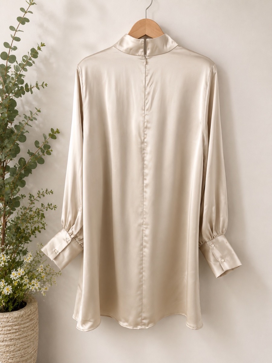 H&M Champagne Satin High Neck Shift Dress UK 16/18 Long Sleeve Elegant Occasion