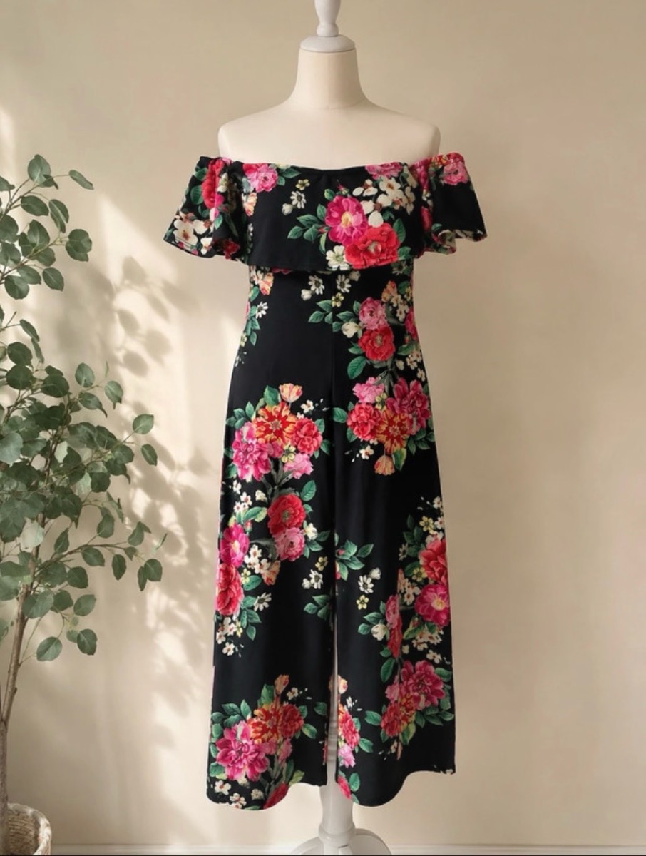 Boohoo Black Floral Bardot Bandeau Culotte Jumpsuit UK 10 Off Shoulder VGC