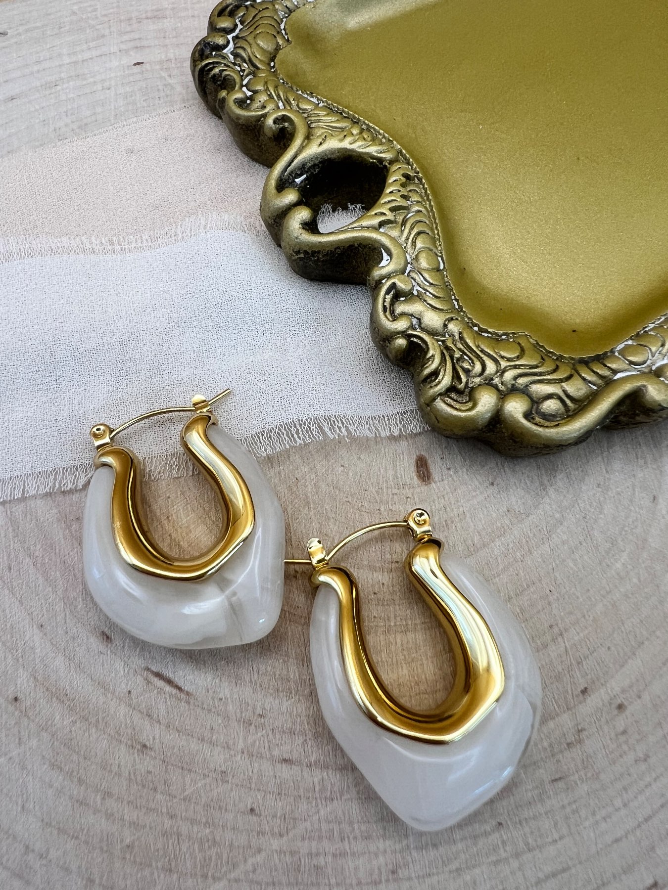 White Resin Gold Hoop Earrings
