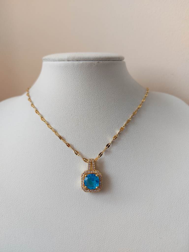Small bright blue diamanté pendant necklace