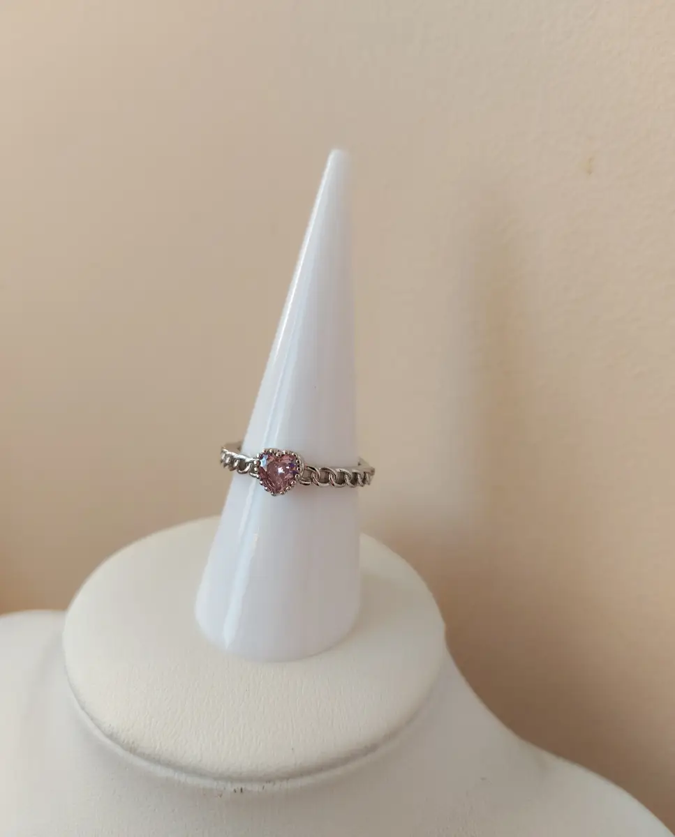 Silver colour pink heart adjustable ring