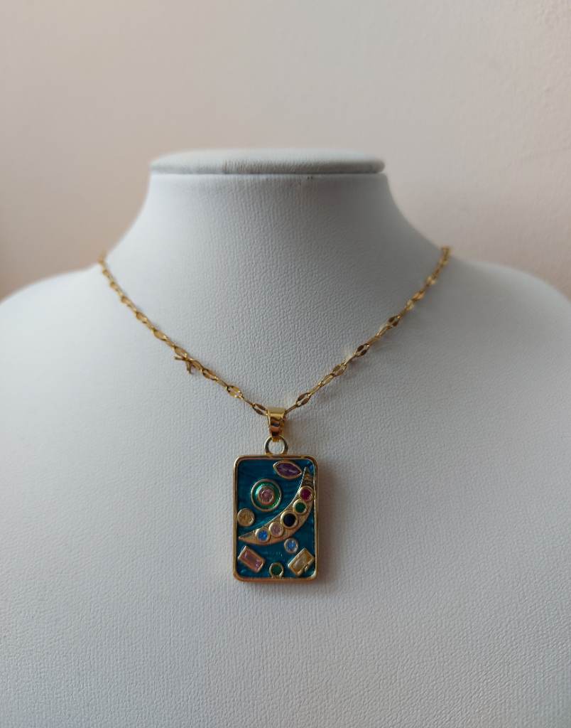 Blue colourful diamanté unique pendant necklace