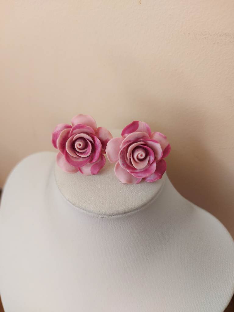 Pink unique rose stud earrings