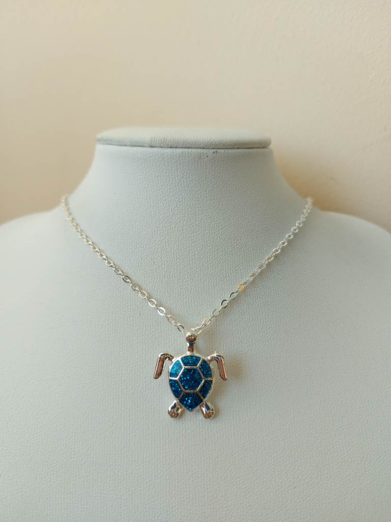 Silver plated blue glitter turtle pendant necklace